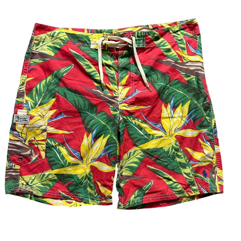 VTG Polo Ralph Lauren Swim Trunks Mens 34 Red Bird of Paradise Floral Cargo